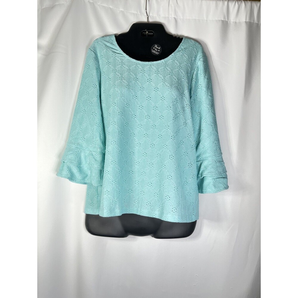Chico's Top Womens 1 Blue Polyester Textured Bell Sleeve Lined Spring Blouse